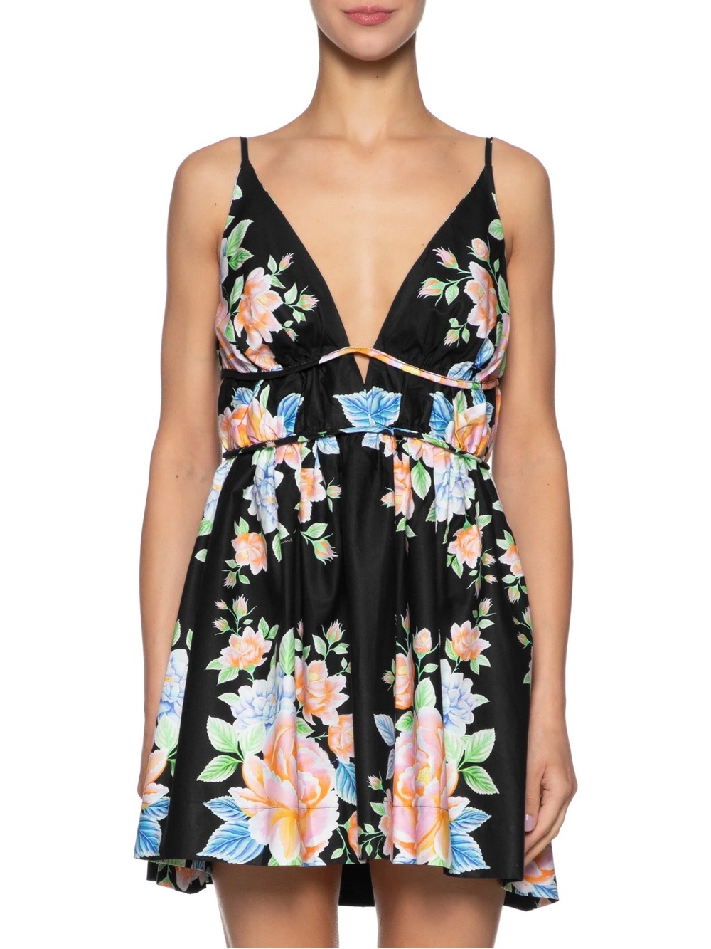 FARM Rio Sofia Floral Scarf Black Floral Plunge Mini Dress with Pastel Blooms